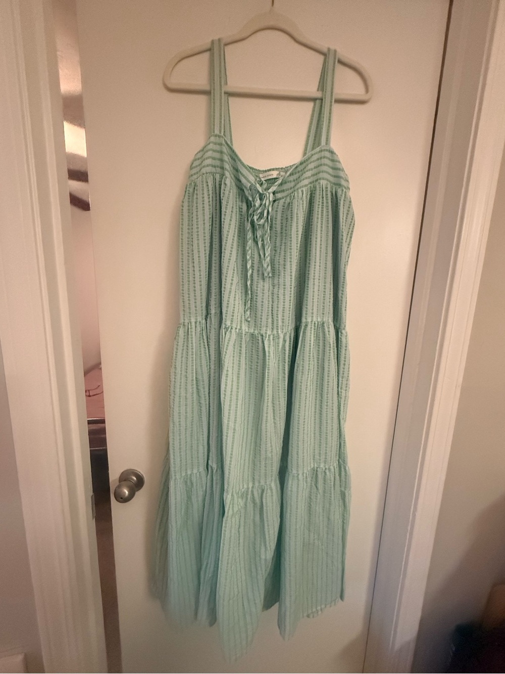 Women Mint Green Tiered Sundress with Lace-Up Front